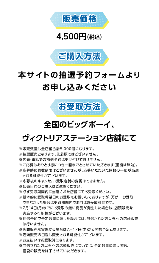 販売価格：4,500円(税込み) ご購入方法：本サイトの抽選予約フォームよりお申込み下さい お取り扱い店舗：全国のビッグボーイ店舗にて